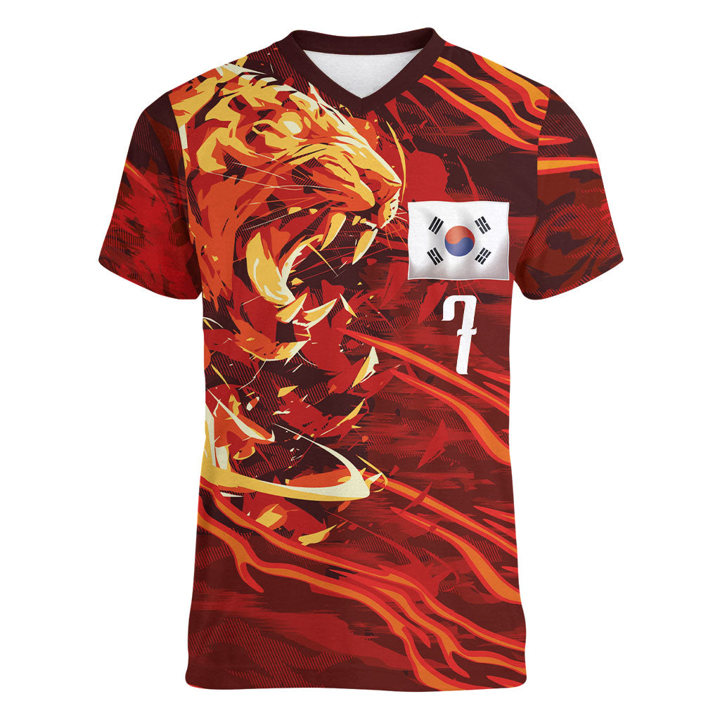 South Korea National Football Custom Women V-Neck T-Shirt Tigers of Asia Fierce Abstract Flame-Inspired