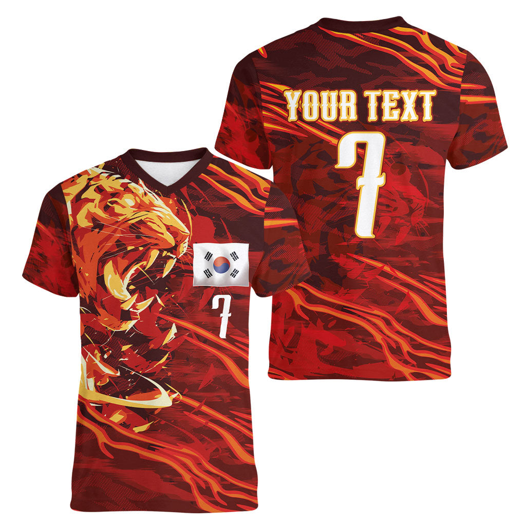 South Korea National Football Custom Women V-Neck T-Shirt Tigers of Asia Fierce Abstract Flame-Inspired