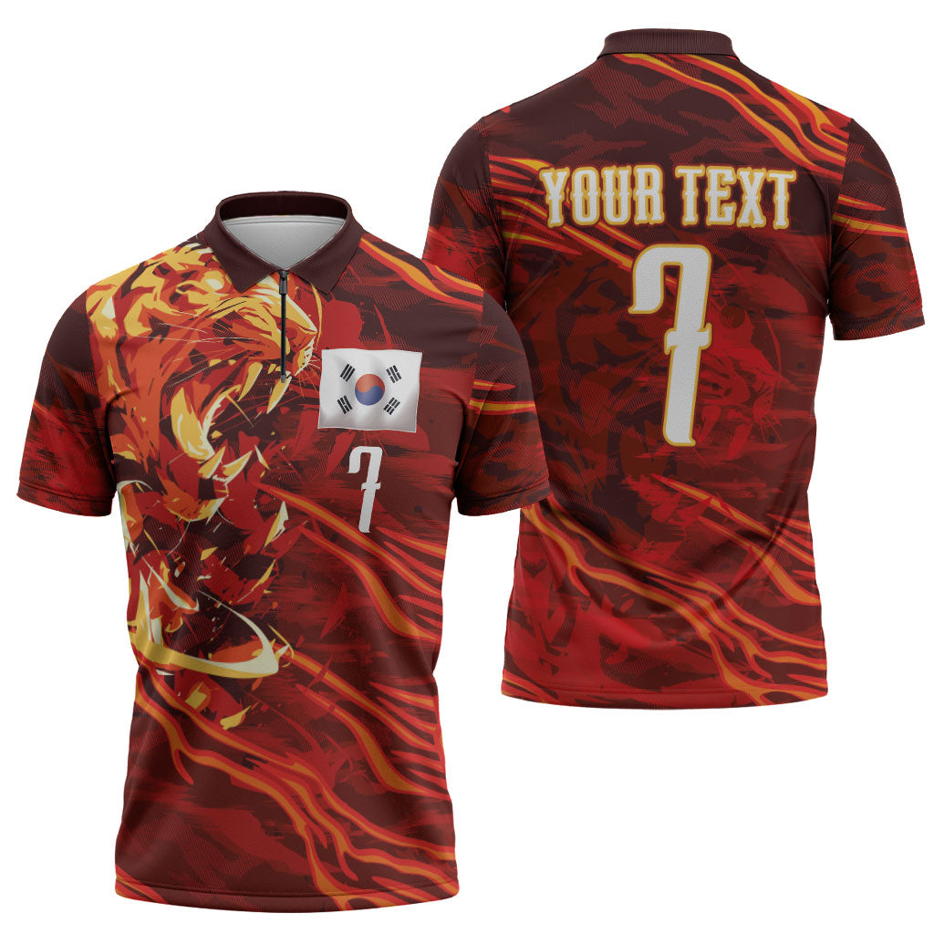 South Korea National Football Custom Zipper Polo Shirt Tigers of Asia Fierce Abstract Flame-Inspired