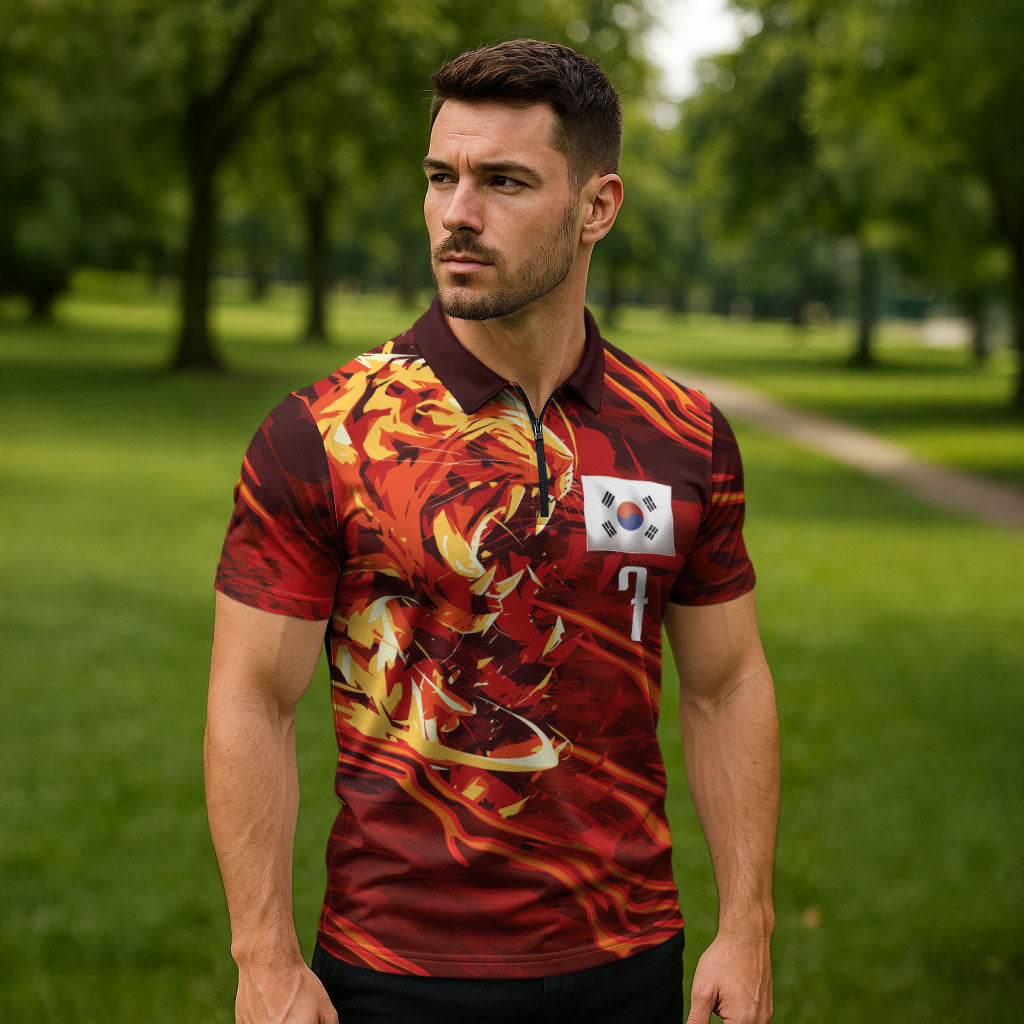 South Korea National Football Custom Zipper Polo Shirt Tigers of Asia Fierce Abstract Flame-Inspired