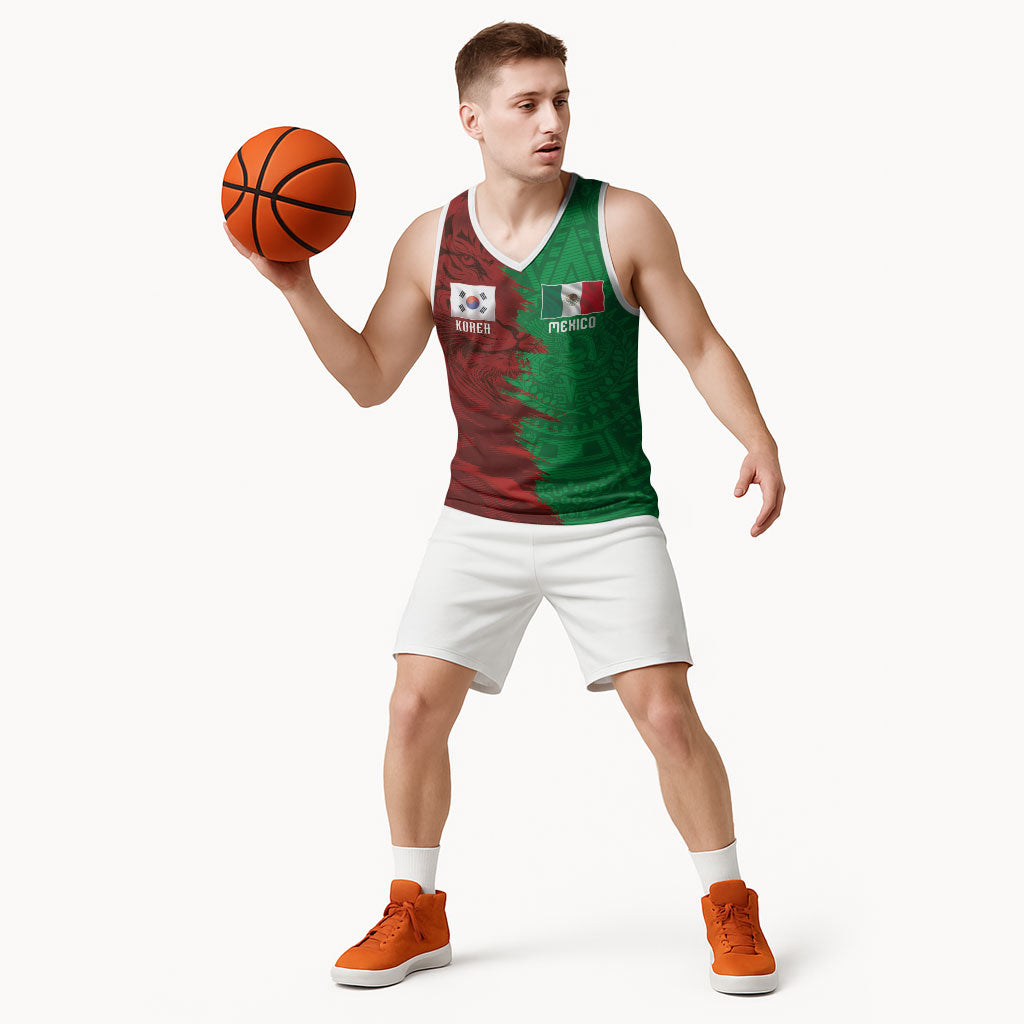 South Korea and Mexico National Football Custom Basketball Jersey Taegeuk Warriors with El Tricolor Grunge Split Style