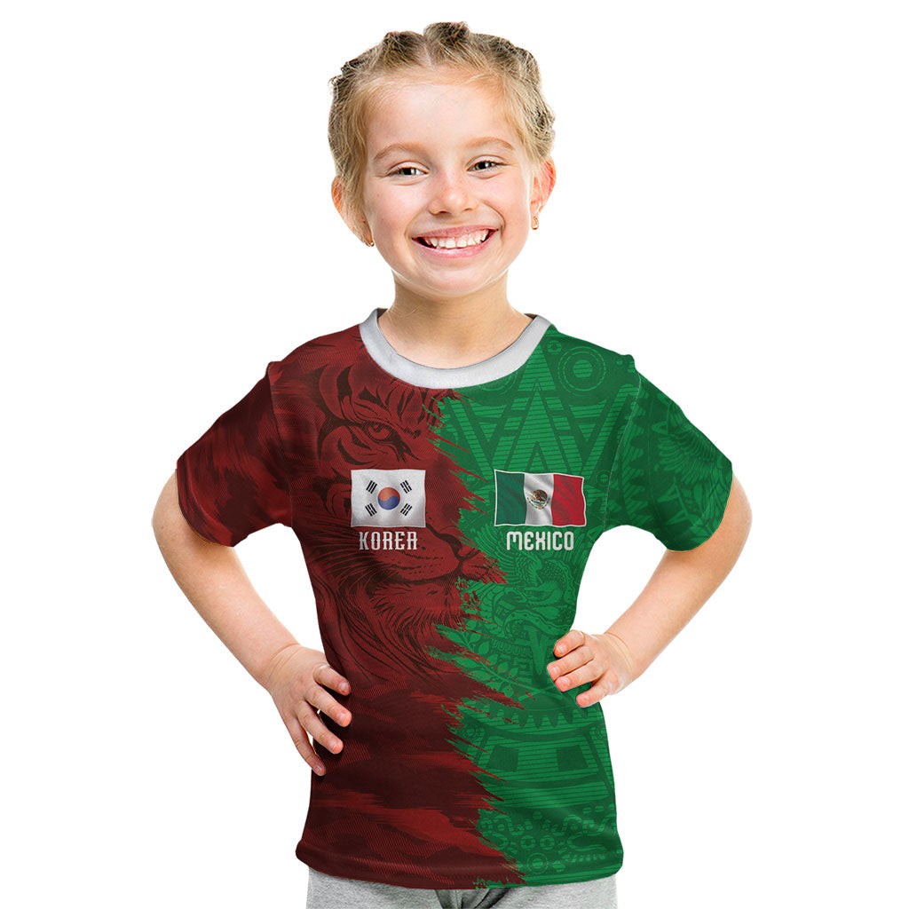 South Korea and Mexico National Football Custom Kid T Shirt Taegeuk Warriors with El Tricolor Grunge Split Style