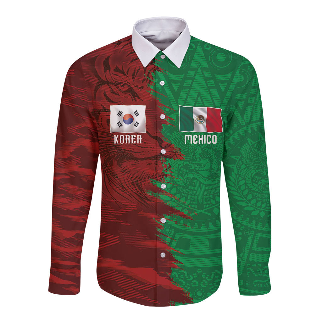 South Korea and Mexico National Football Custom Long Sleeve Button Shirt Taegeuk Warriors with El Tricolor Grunge Split Style
