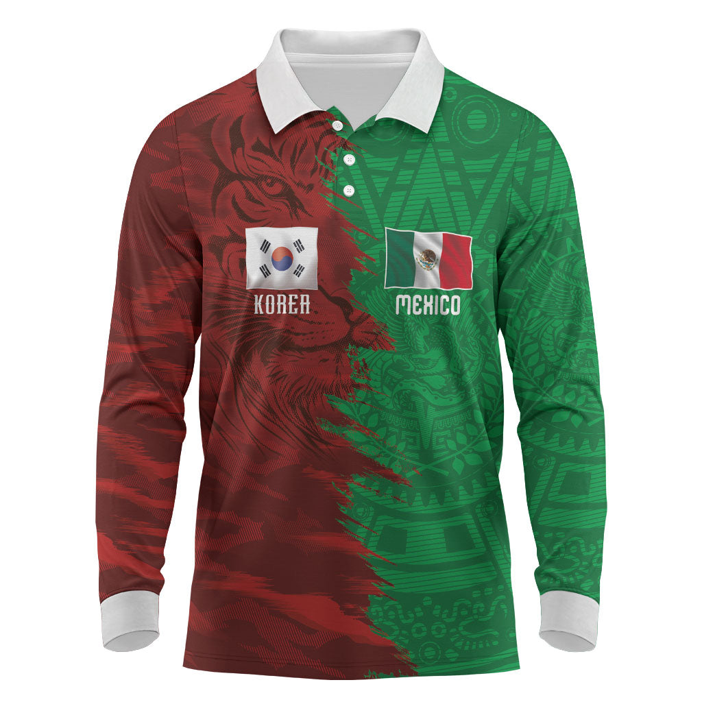 South Korea and Mexico National Football Custom Long Sleeve Polo Shirt Taegeuk Warriors with El Tricolor Grunge Split Style