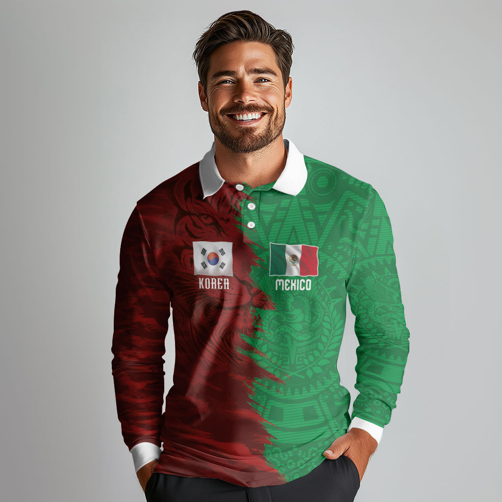 South Korea and Mexico National Football Custom Long Sleeve Polo Shirt Taegeuk Warriors with El Tricolor Grunge Split Style