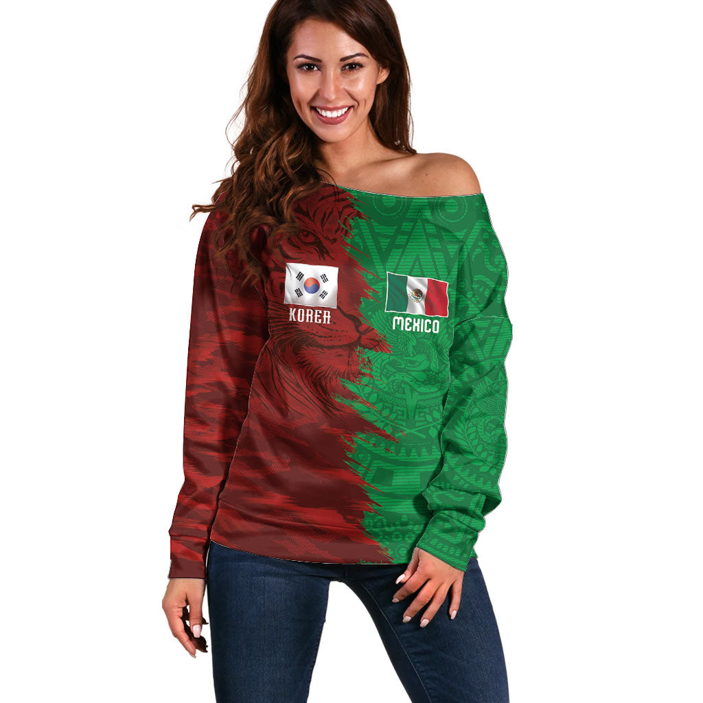 South Korea and Mexico National Football Custom Off Shoulder Sweater Taegeuk Warriors with El Tricolor Grunge Split Style