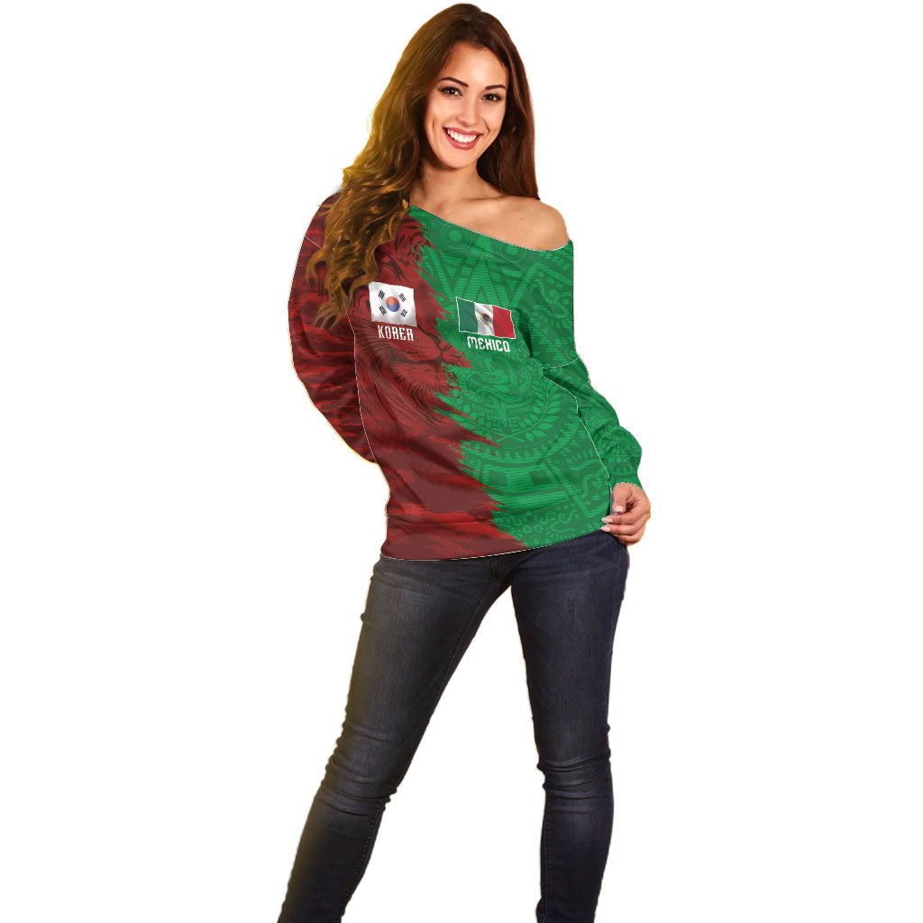 South Korea and Mexico National Football Custom Off Shoulder Sweater Taegeuk Warriors with El Tricolor Grunge Split Style