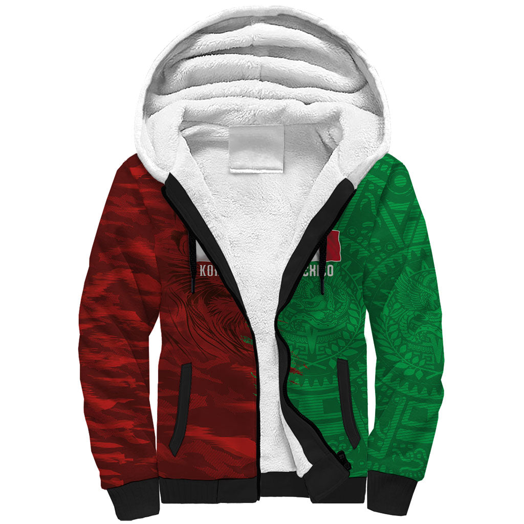 South Korea and Mexico National Football Custom Sherpa Hoodie Taegeuk Warriors with El Tricolor Grunge Split Style