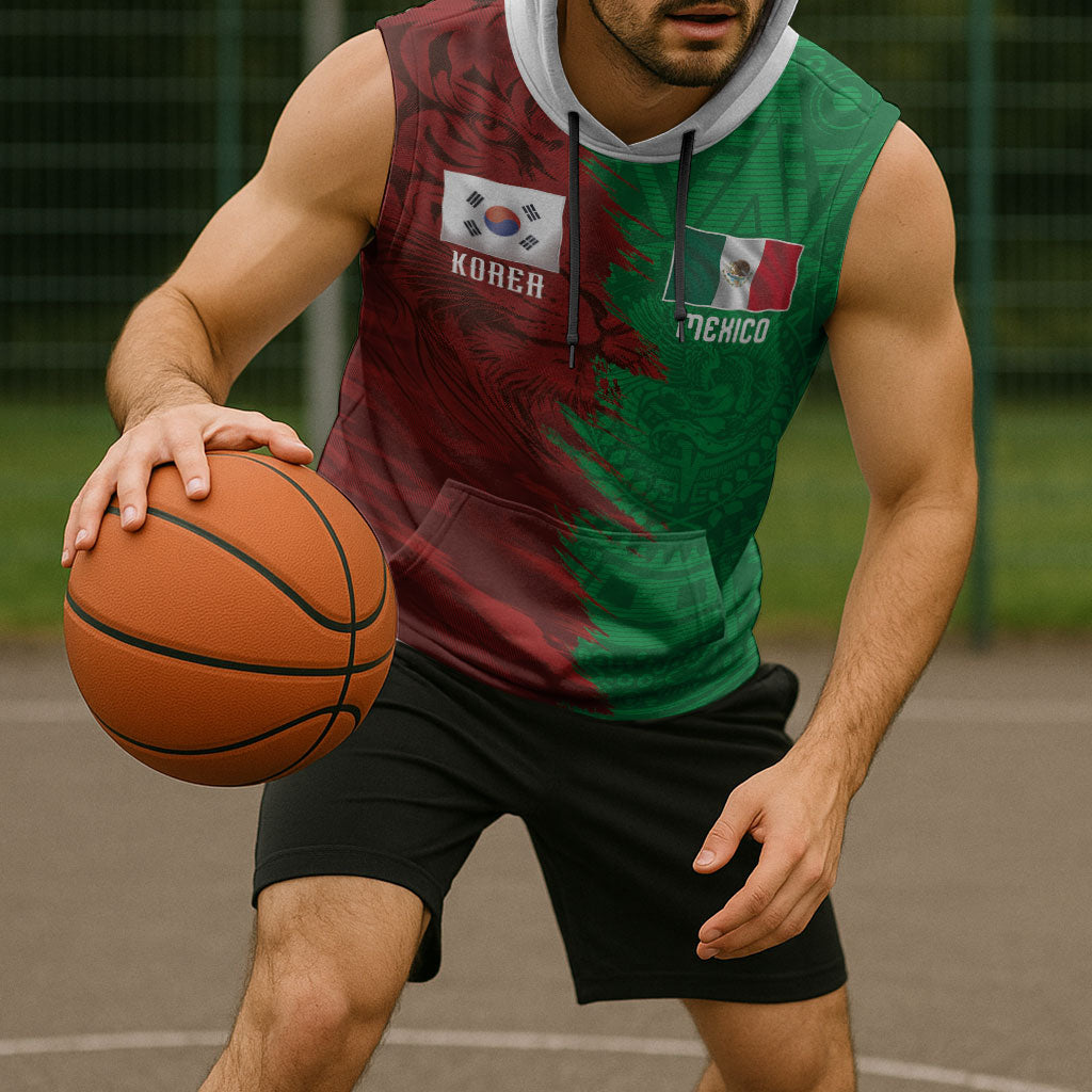 South Korea and Mexico National Football Custom Sleeveless Hoodie Taegeuk Warriors with El Tricolor Grunge Split Style