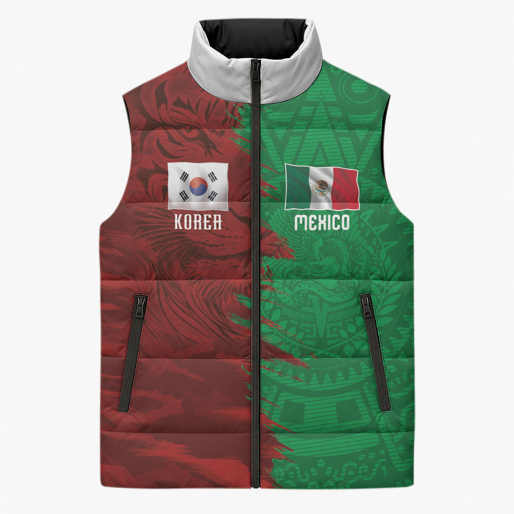South Korea and Mexico National Football Custom Sleeveless Puffer Jacket Taegeuk Warriors with El Tricolor Grunge Split Style