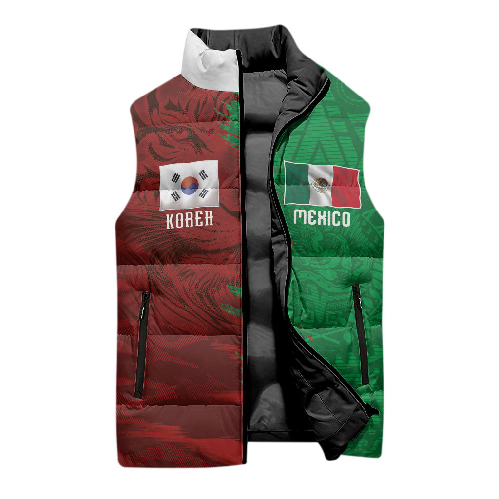 South Korea and Mexico National Football Custom Sleeveless Puffer Jacket Taegeuk Warriors with El Tricolor Grunge Split Style