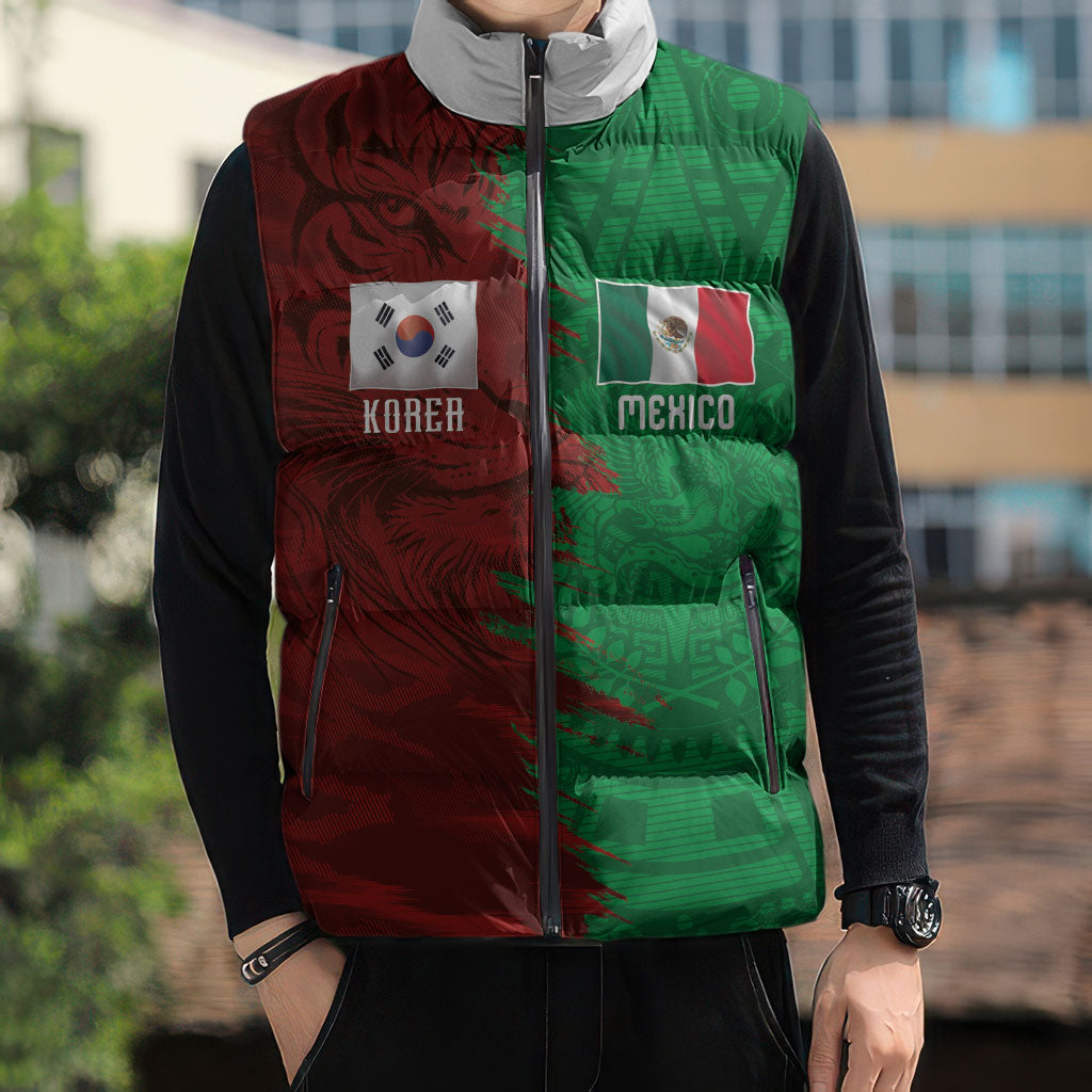 South Korea and Mexico National Football Custom Sleeveless Puffer Jacket Taegeuk Warriors with El Tricolor Grunge Split Style