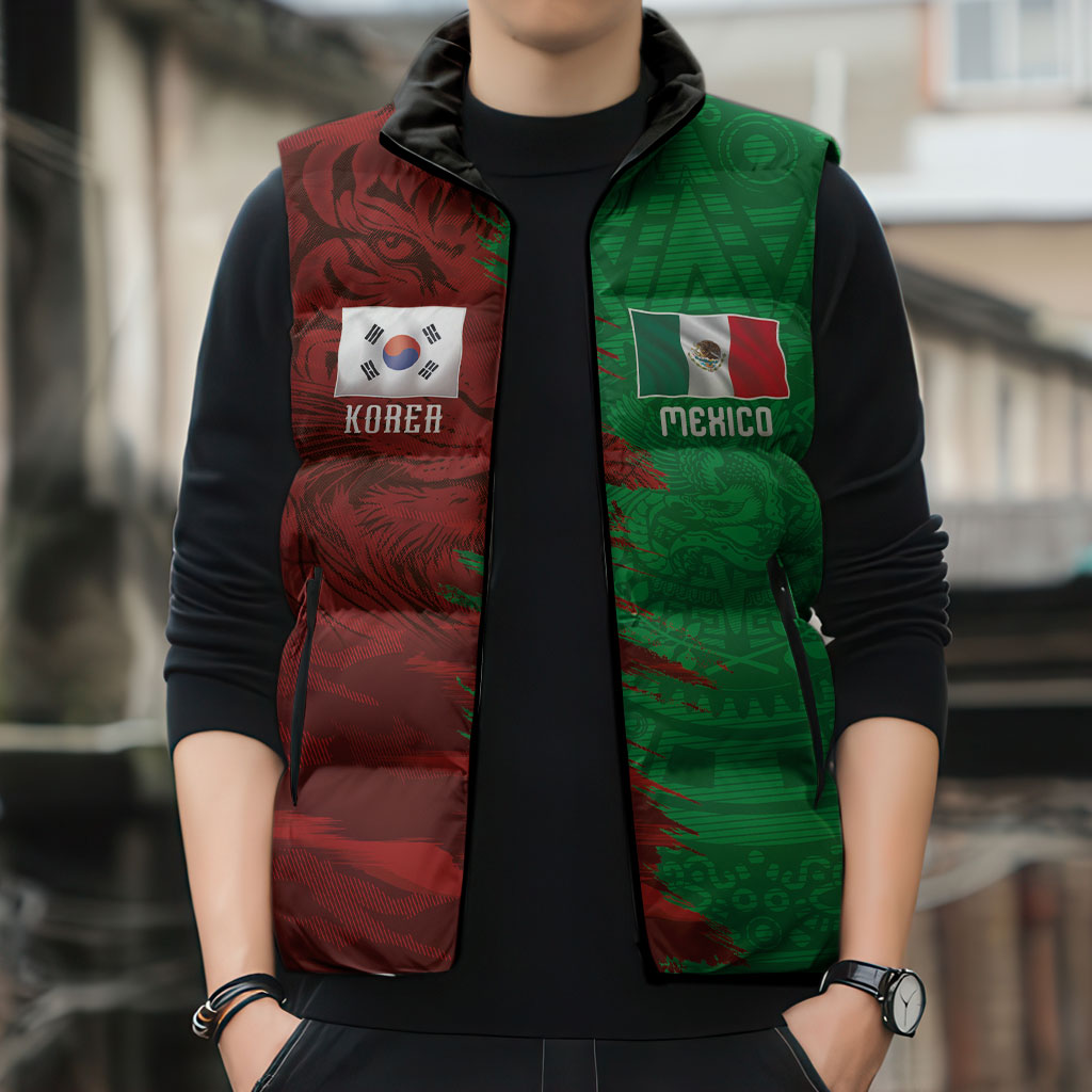 South Korea and Mexico National Football Custom Sleeveless Puffer Jacket Taegeuk Warriors with El Tricolor Grunge Split Style