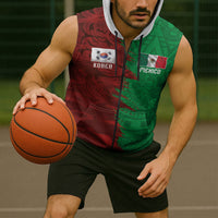 South Korea and Mexico National Football Custom Sleeveless Zip Hoodie Taegeuk Warriors with El Tricolor Grunge Split Style