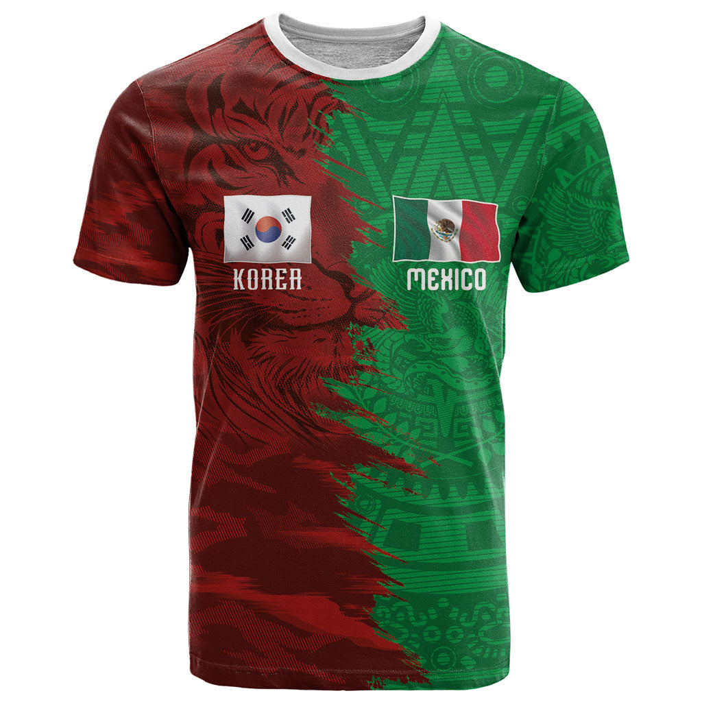 South Korea and Mexico National Football Custom T Shirt Taegeuk Warriors with El Tricolor Grunge Split Style