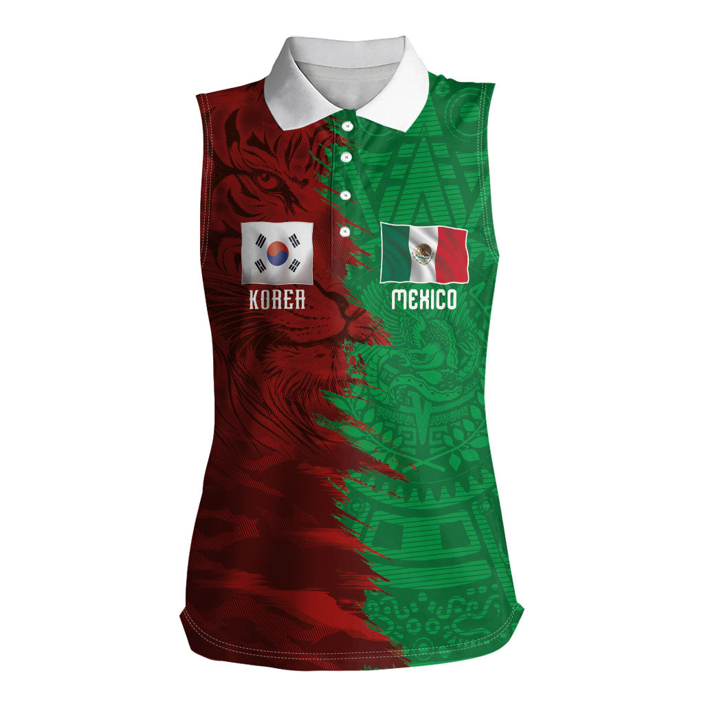 South Korea and Mexico National Football Custom Women Sleeveless Polo Shirt Taegeuk Warriors with El Tricolor Grunge Split Style