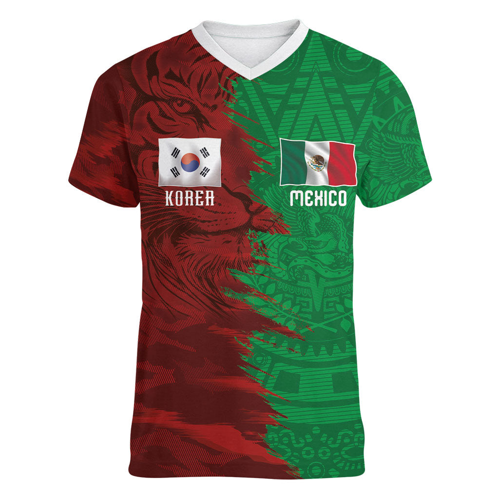 South Korea and Mexico National Football Custom Women V-Neck T-Shirt Taegeuk Warriors with El Tricolor Grunge Split Style
