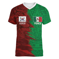 South Korea and Mexico National Football Custom Women V-Neck T-Shirt Taegeuk Warriors with El Tricolor Grunge Split Style