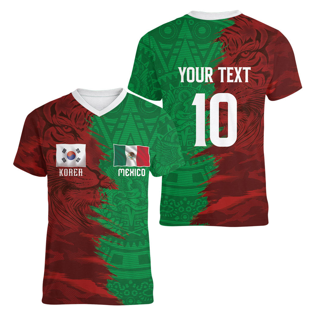 South Korea and Mexico National Football Custom Women V-Neck T-Shirt Taegeuk Warriors with El Tricolor Grunge Split Style