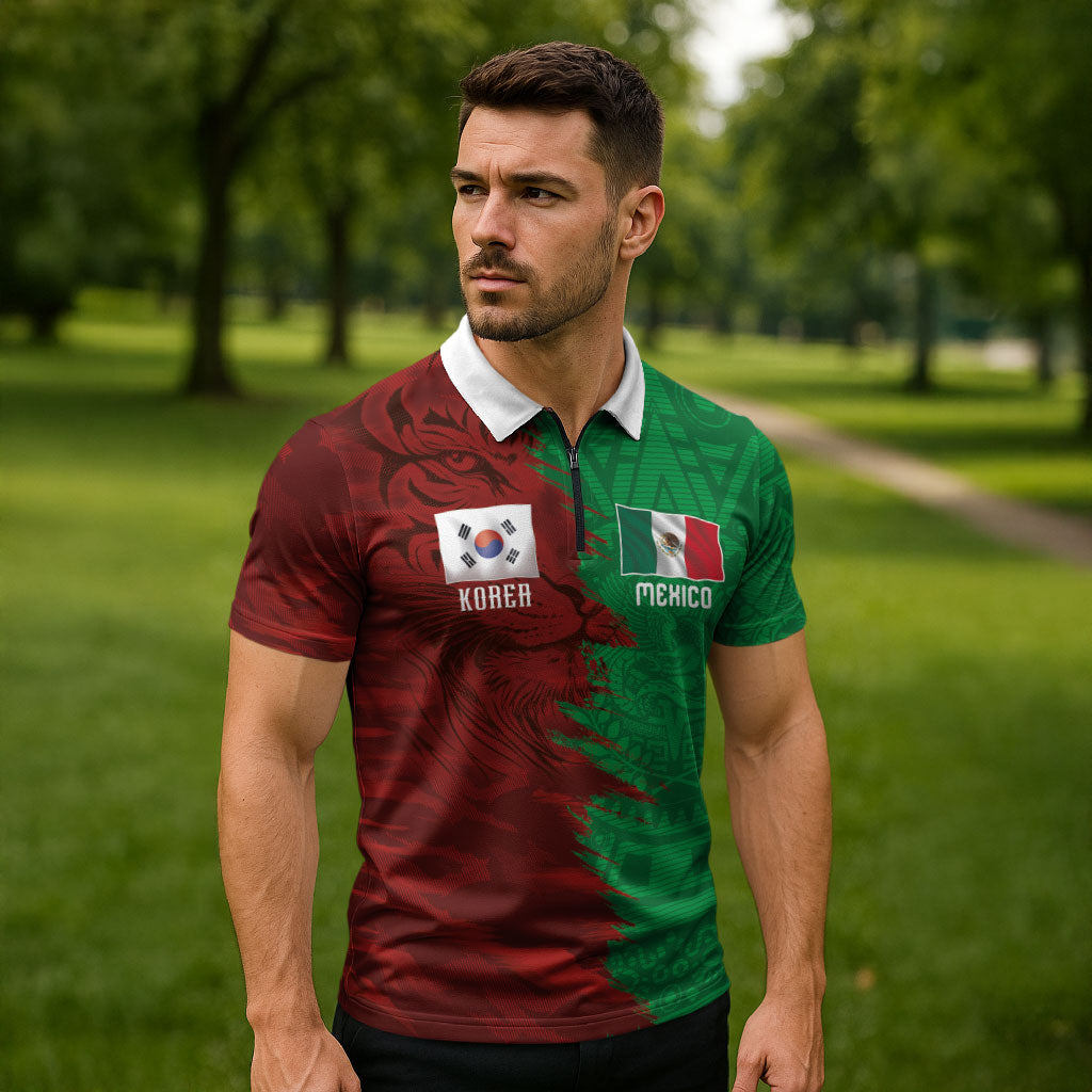 South Korea and Mexico National Football Custom Zipper Polo Shirt Taegeuk Warriors with El Tricolor Grunge Split Style