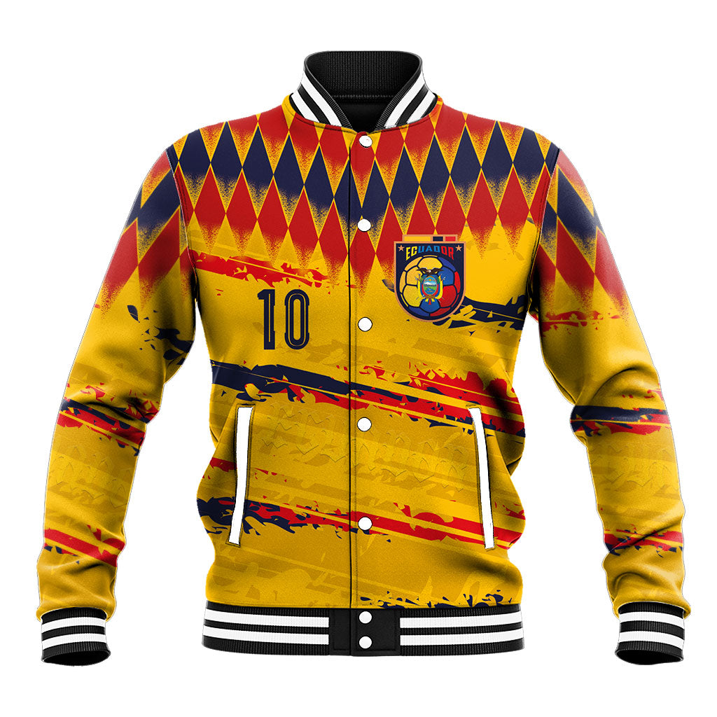 Ecuador National Football Custom Baseball Jacket Argyle Pattern With Grunge Flag Splatter Graphics