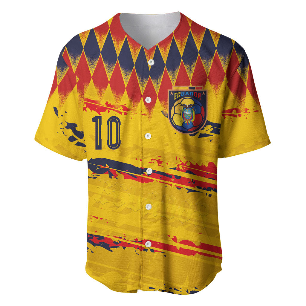 Ecuador National Football Custom Baseball Jersey Argyle Pattern With Grunge Flag Splatter Graphics