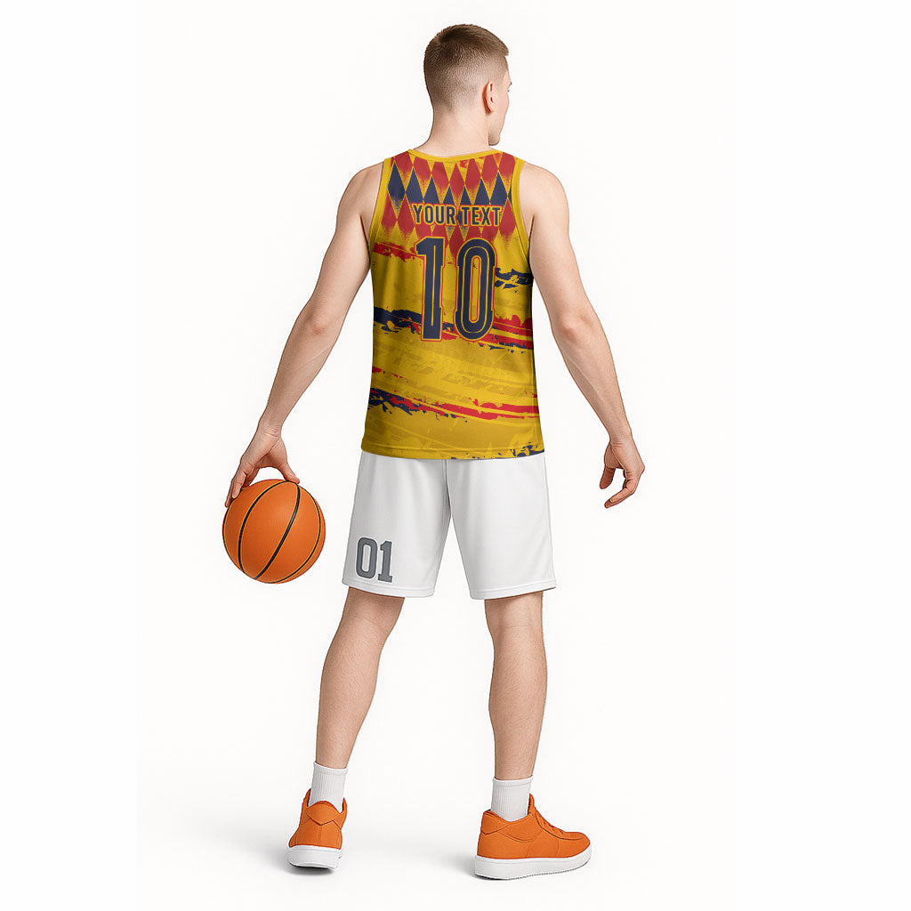 Ecuador National Football Custom Basketball Jersey Argyle Pattern With Grunge Flag Splatter Graphics