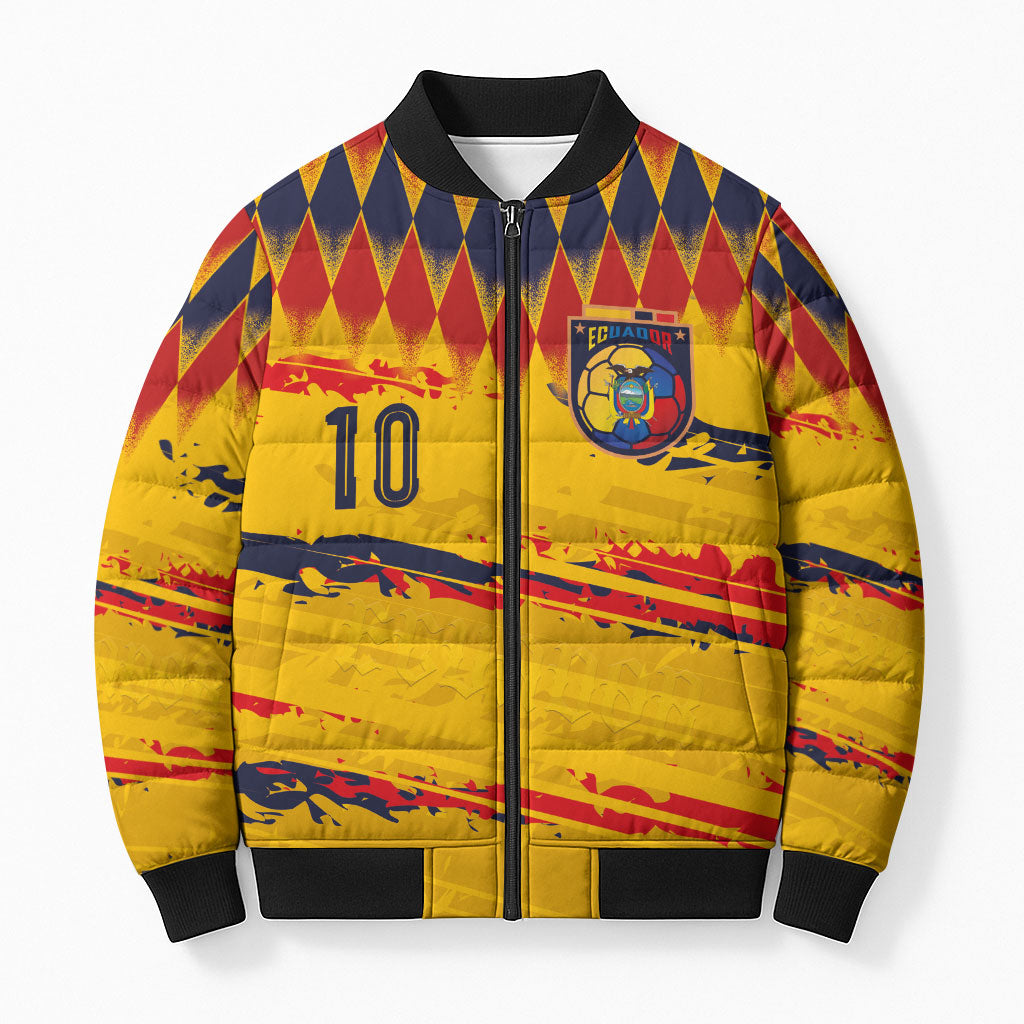 Ecuador National Football Custom Bomber Puffer Jacket Argyle Pattern With Grunge Flag Splatter Graphics