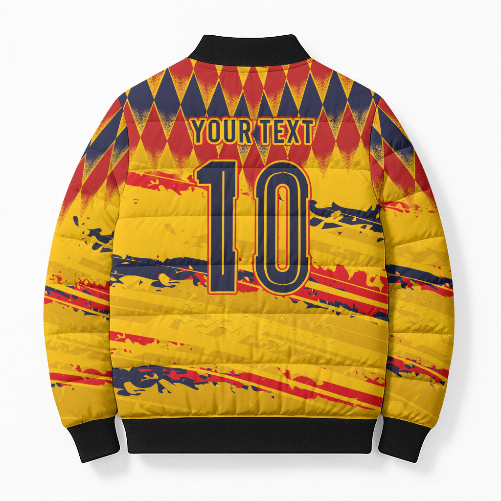 Ecuador National Football Custom Bomber Puffer Jacket Argyle Pattern With Grunge Flag Splatter Graphics