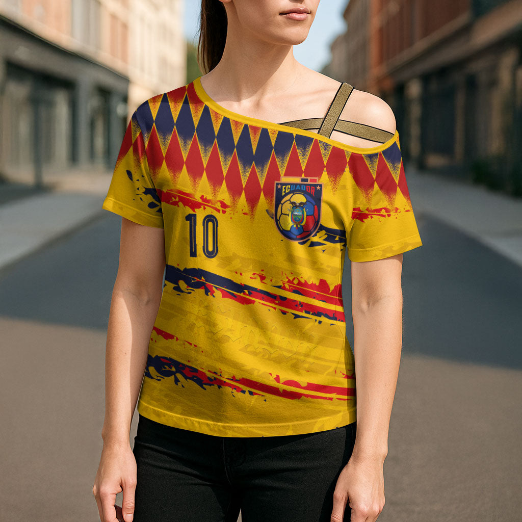 Ecuador National Football Custom Cross Shoulder Shirt Argyle Pattern With Grunge Flag Splatter Graphics