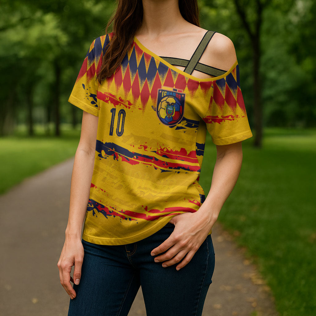 Ecuador National Football Custom Cross Shoulder Shirt Argyle Pattern With Grunge Flag Splatter Graphics
