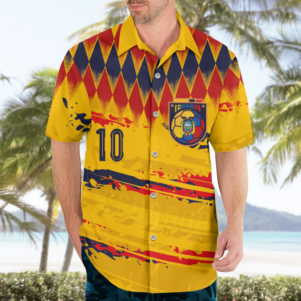 Ecuador National Football Custom Hawaiian Shirt Argyle Pattern With Grunge Flag Splatter Graphics
