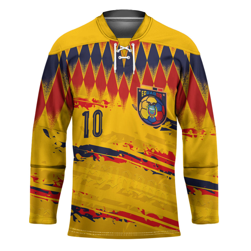Ecuador National Football Custom Hockey Jersey Argyle Pattern With Grunge Flag Splatter Graphics