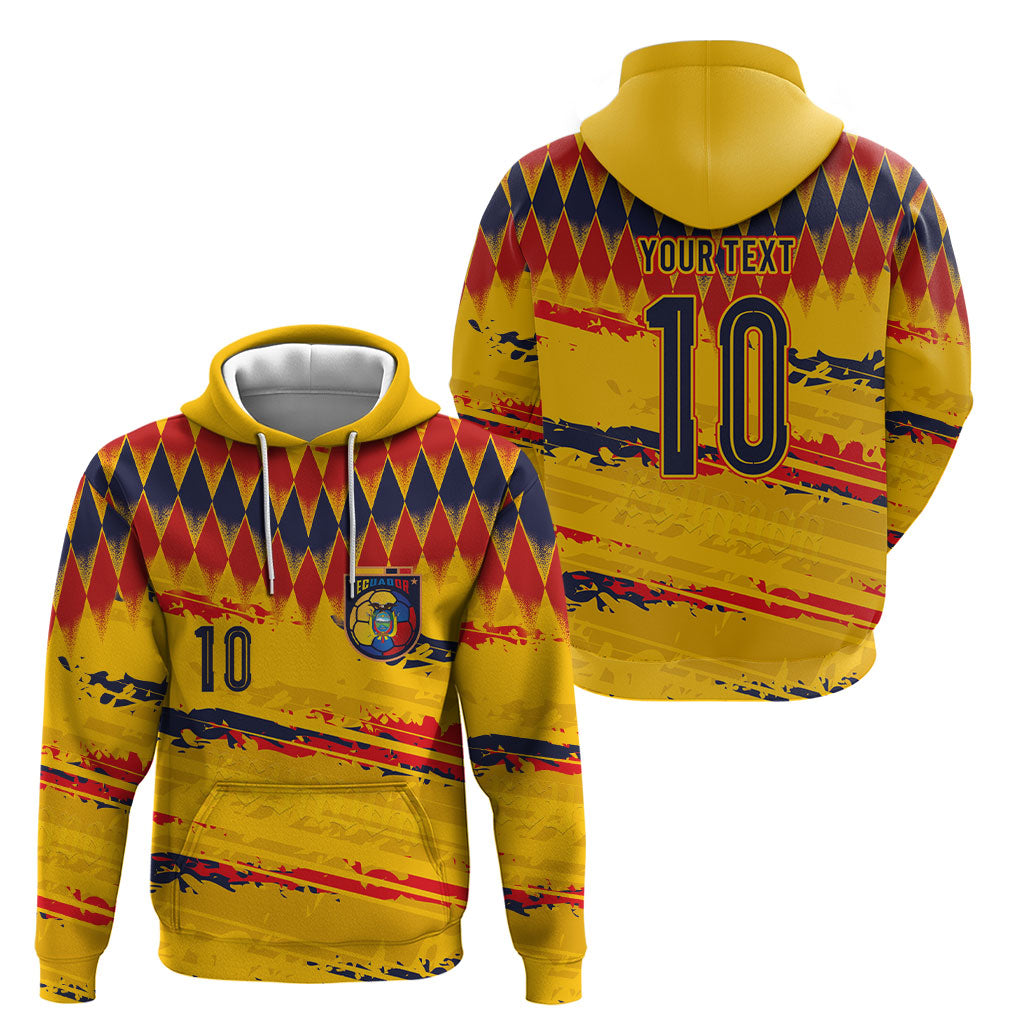 Ecuador National Football Custom Hoodie Argyle Pattern With Grunge Flag Splatter Graphics