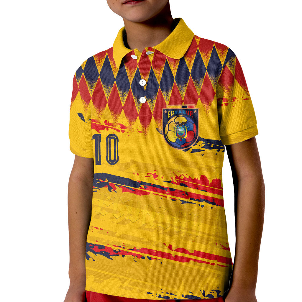 Ecuador National Football Custom Kid Polo Shirt Argyle Pattern With Grunge Flag Splatter Graphics