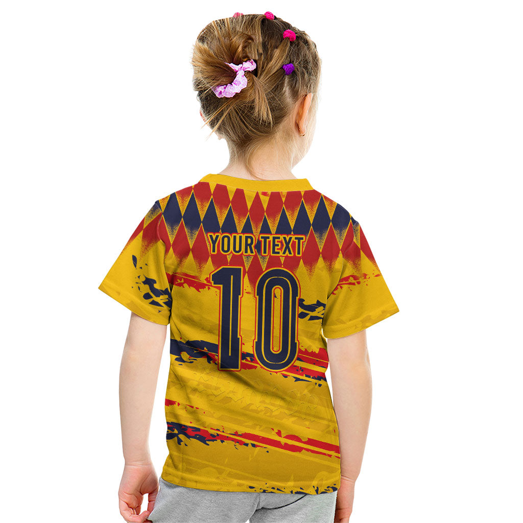Ecuador National Football Custom Kid T Shirt Argyle Pattern With Grunge Flag Splatter Graphics