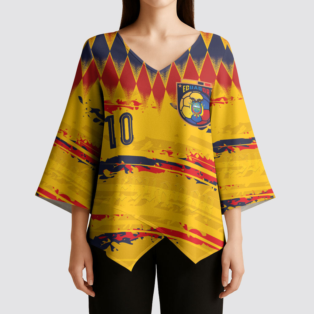 Ecuador National Football Custom Kimono Sleeve Blouse Argyle Pattern With Grunge Flag Splatter Graphics