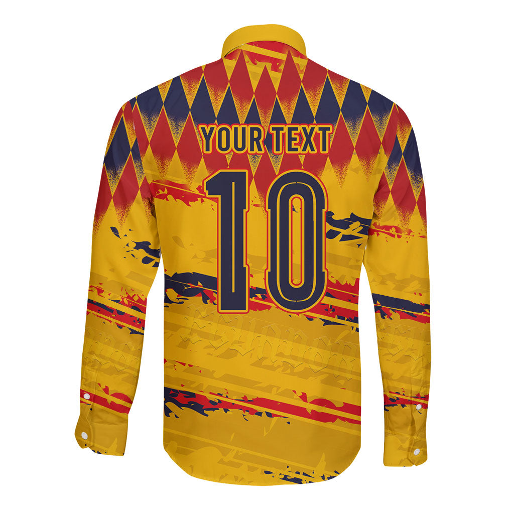Ecuador National Football Custom Long Sleeve Button Shirt Argyle Pattern With Grunge Flag Splatter Graphics