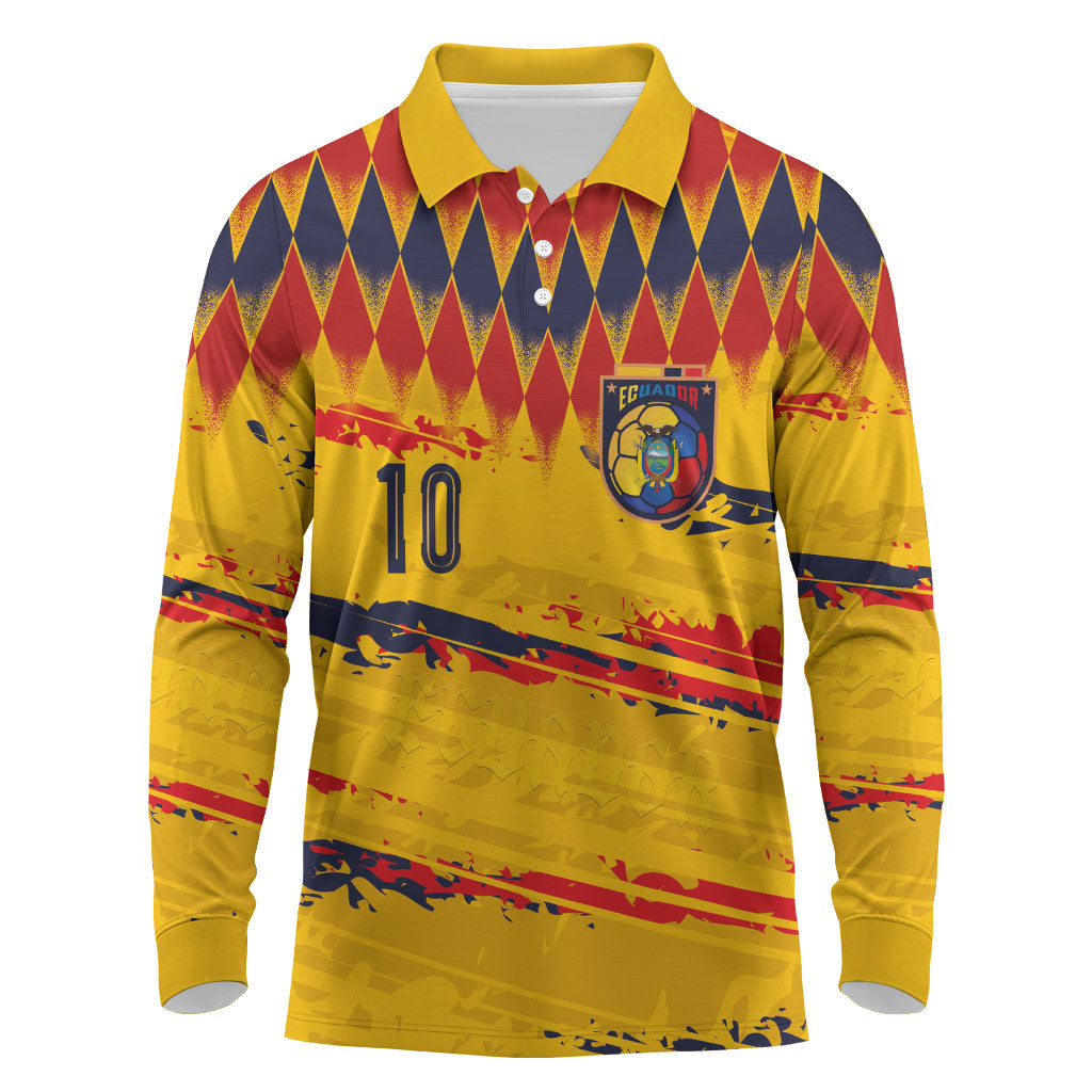 Ecuador National Football Custom Long Sleeve Polo Shirt Argyle Pattern With Grunge Flag Splatter Graphics