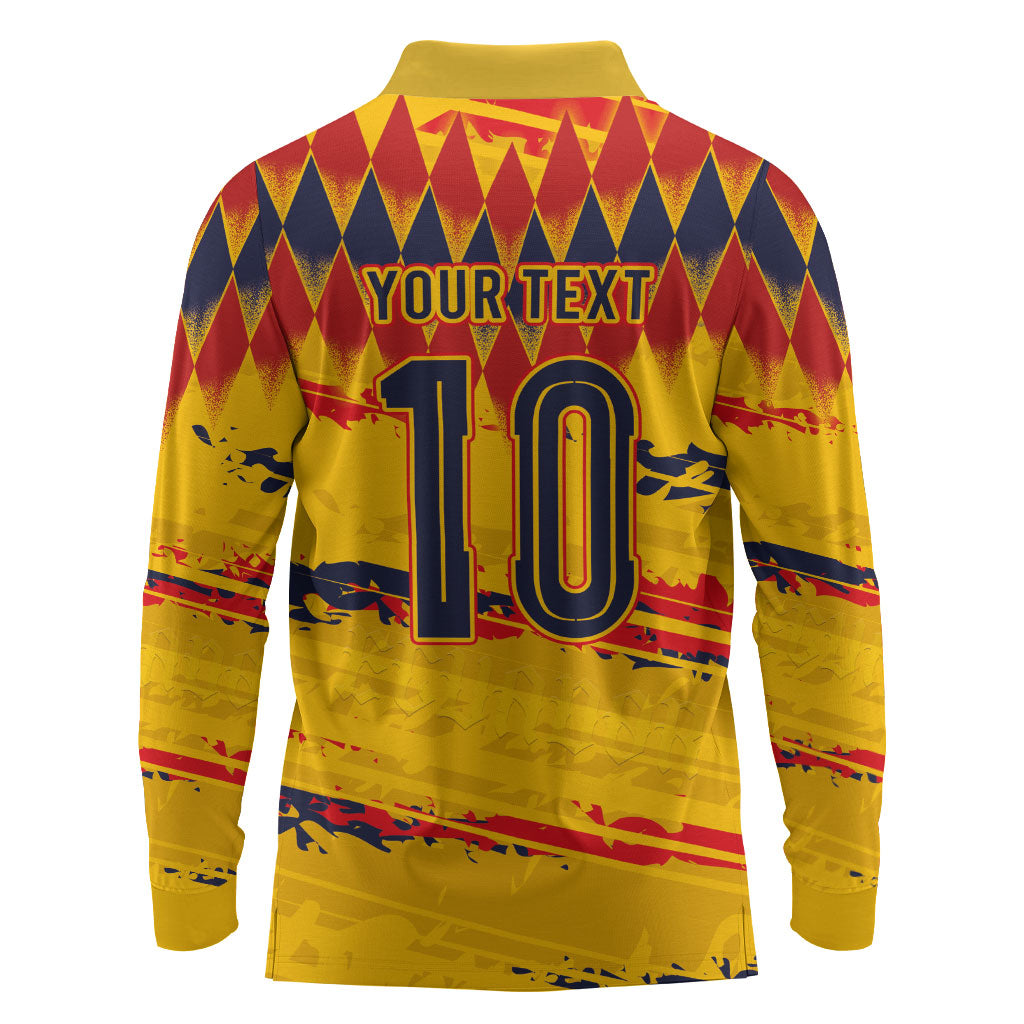 Ecuador National Football Custom Long Sleeve Polo Shirt Argyle Pattern With Grunge Flag Splatter Graphics