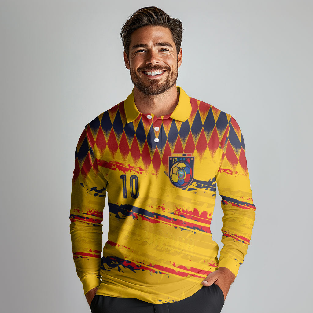 Ecuador National Football Custom Long Sleeve Polo Shirt Argyle Pattern With Grunge Flag Splatter Graphics
