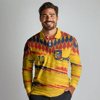 Ecuador National Football Custom Long Sleeve Polo Shirt Argyle Pattern With Grunge Flag Splatter Graphics