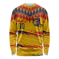 Ecuador National Football Custom Long Sleeve Shirt Argyle Pattern With Grunge Flag Splatter Graphics