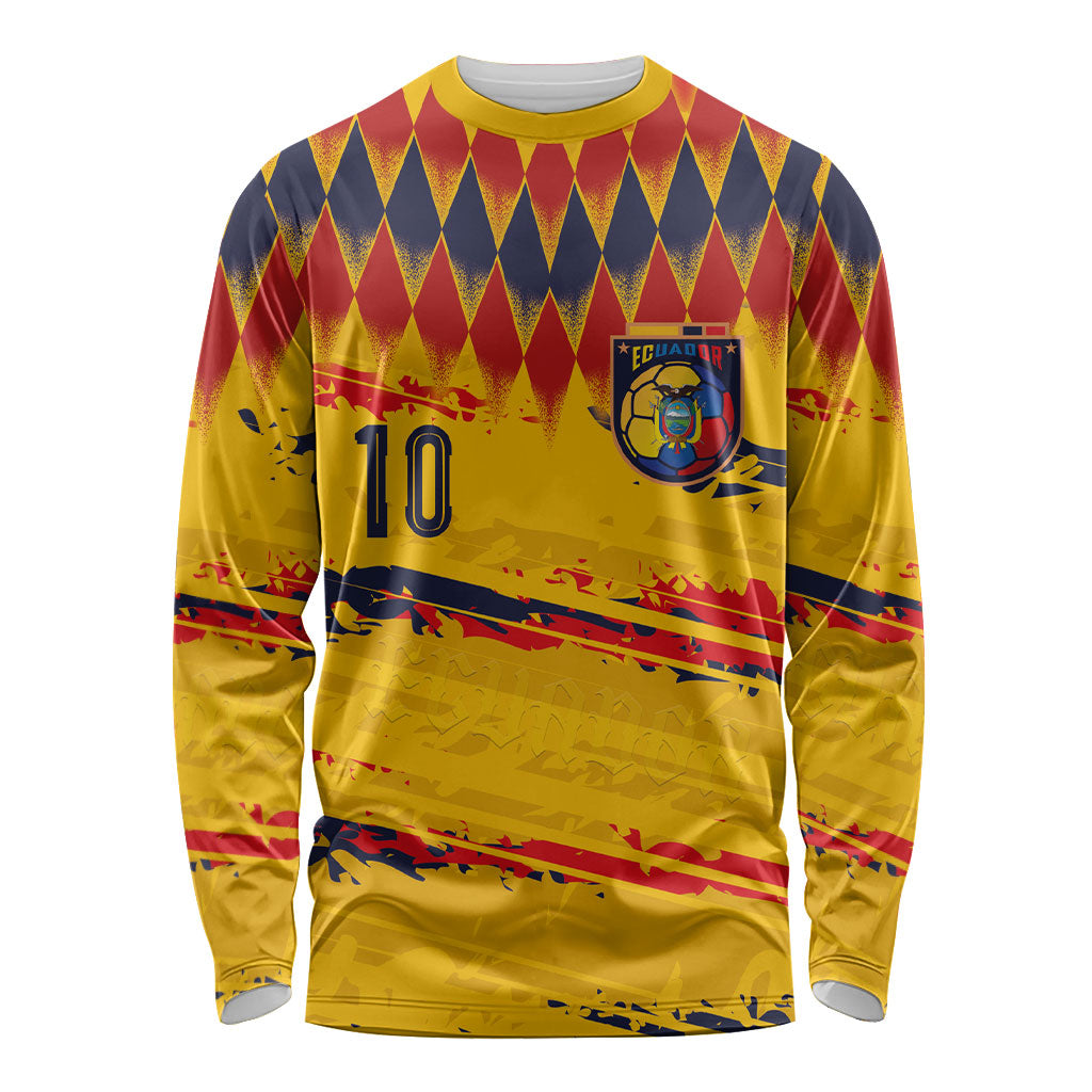 Ecuador National Football Custom Long Sleeve Shirt Argyle Pattern With Grunge Flag Splatter Graphics
