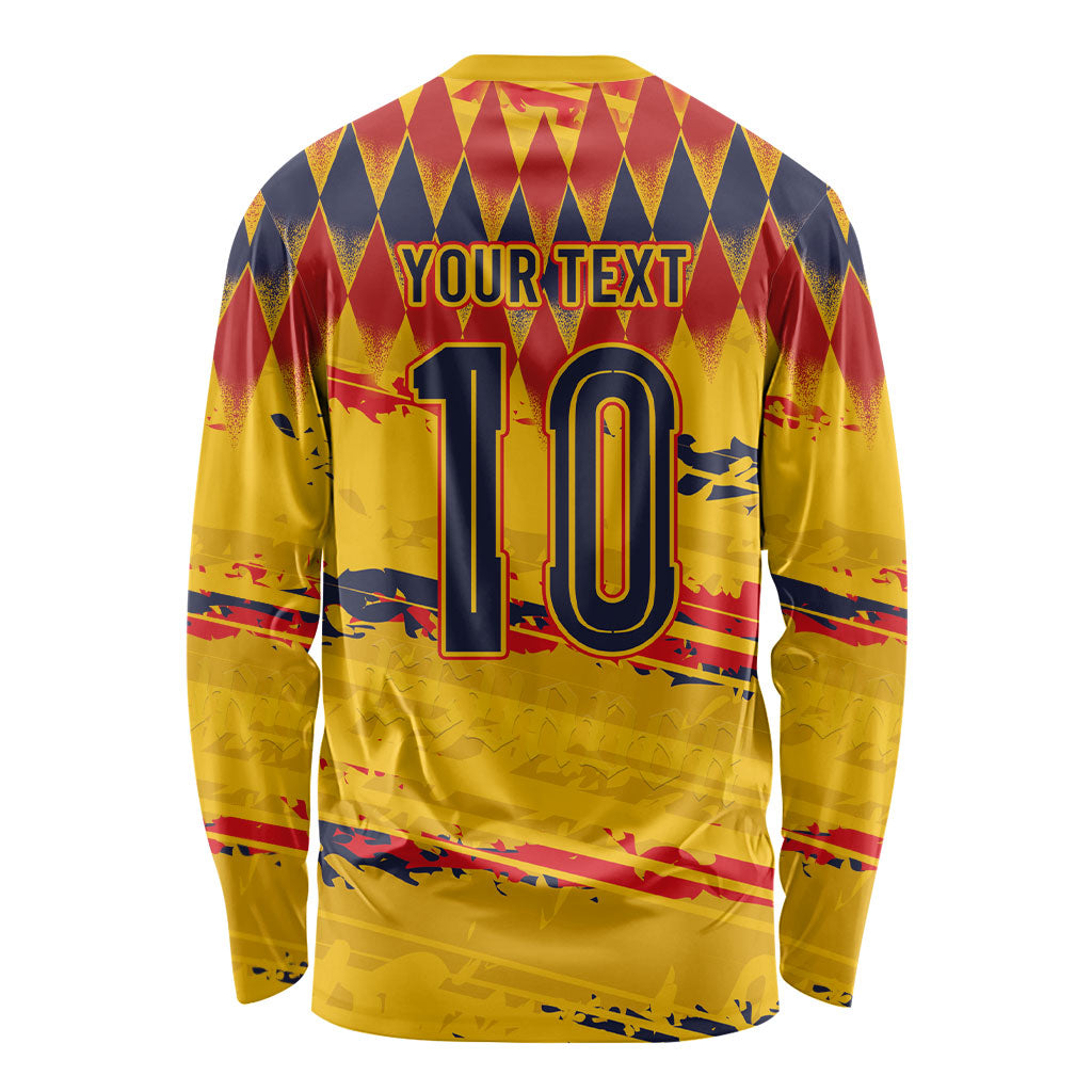 Ecuador National Football Custom Long Sleeve Shirt Argyle Pattern With Grunge Flag Splatter Graphics