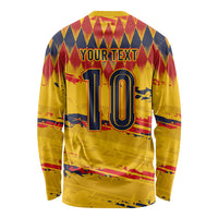 Ecuador National Football Custom Long Sleeve Shirt Argyle Pattern With Grunge Flag Splatter Graphics