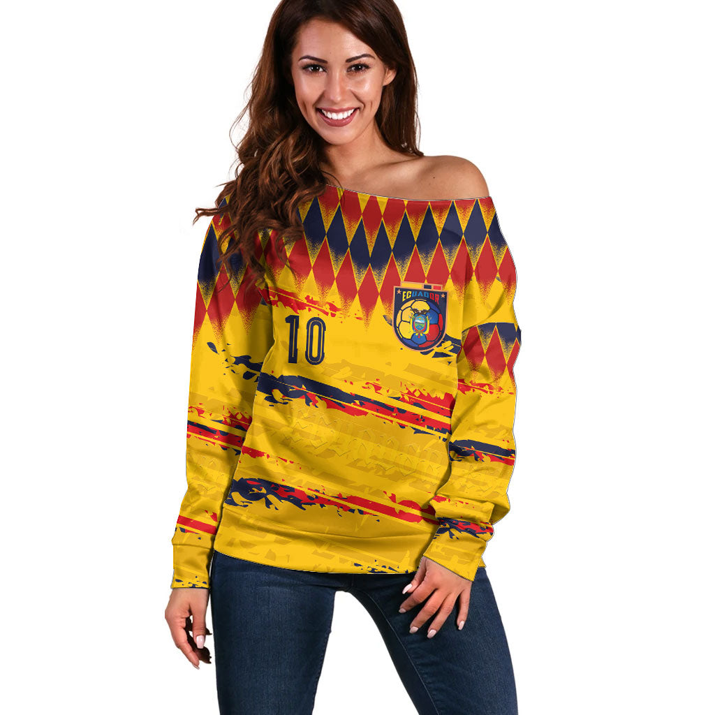 Ecuador National Football Custom Off Shoulder Sweater Argyle Pattern With Grunge Flag Splatter Graphics