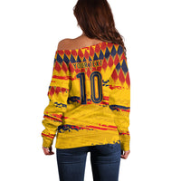 Ecuador National Football Custom Off Shoulder Sweater Argyle Pattern With Grunge Flag Splatter Graphics