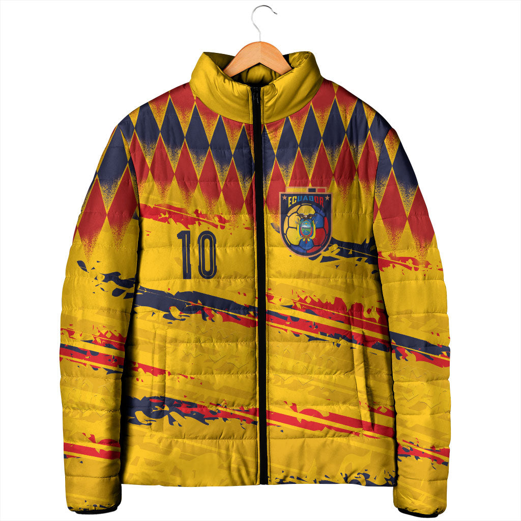 Ecuador National Football Custom Padded Jacket Argyle Pattern With Grunge Flag Splatter Graphics