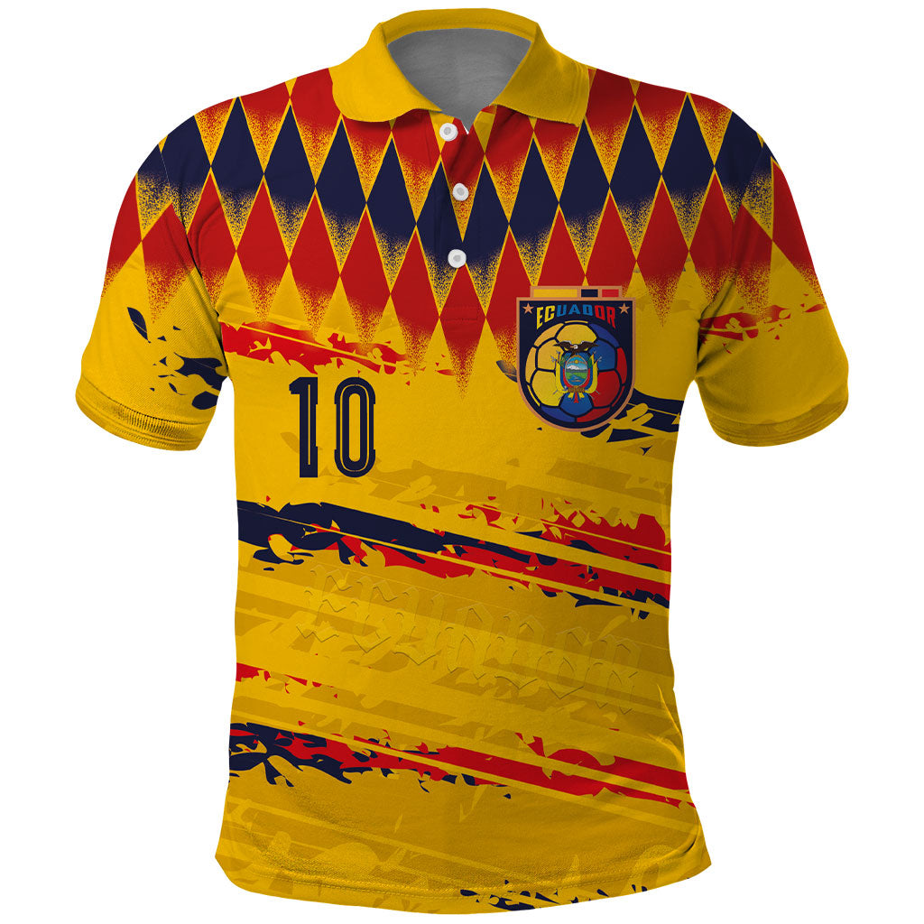 Ecuador National Football Custom Polo Shirt Argyle Pattern With Grunge Flag Splatter Graphics